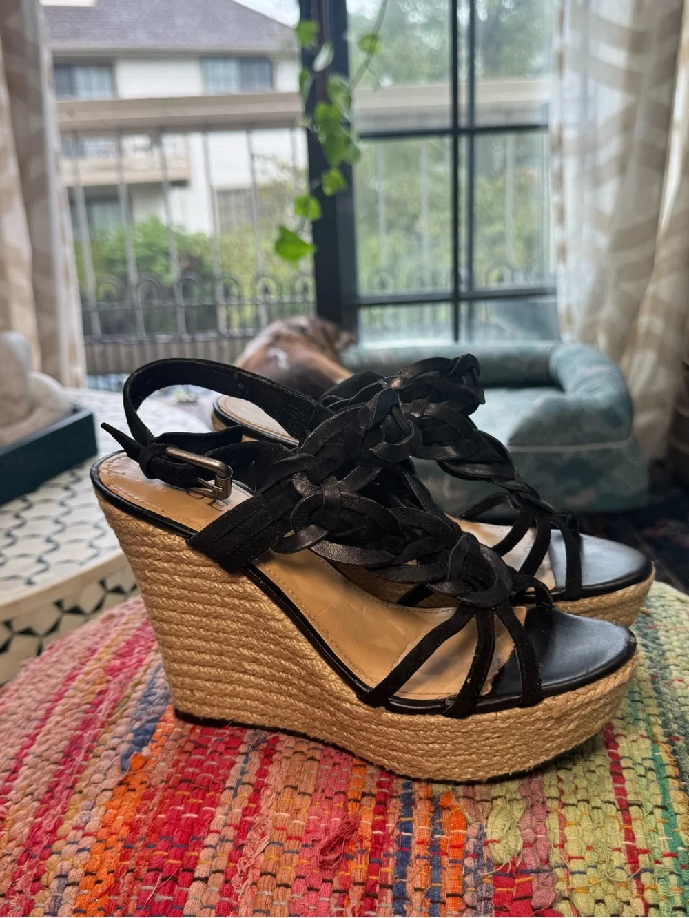➰ Guess Black Braided Espadrille Wedge Sandals ➰